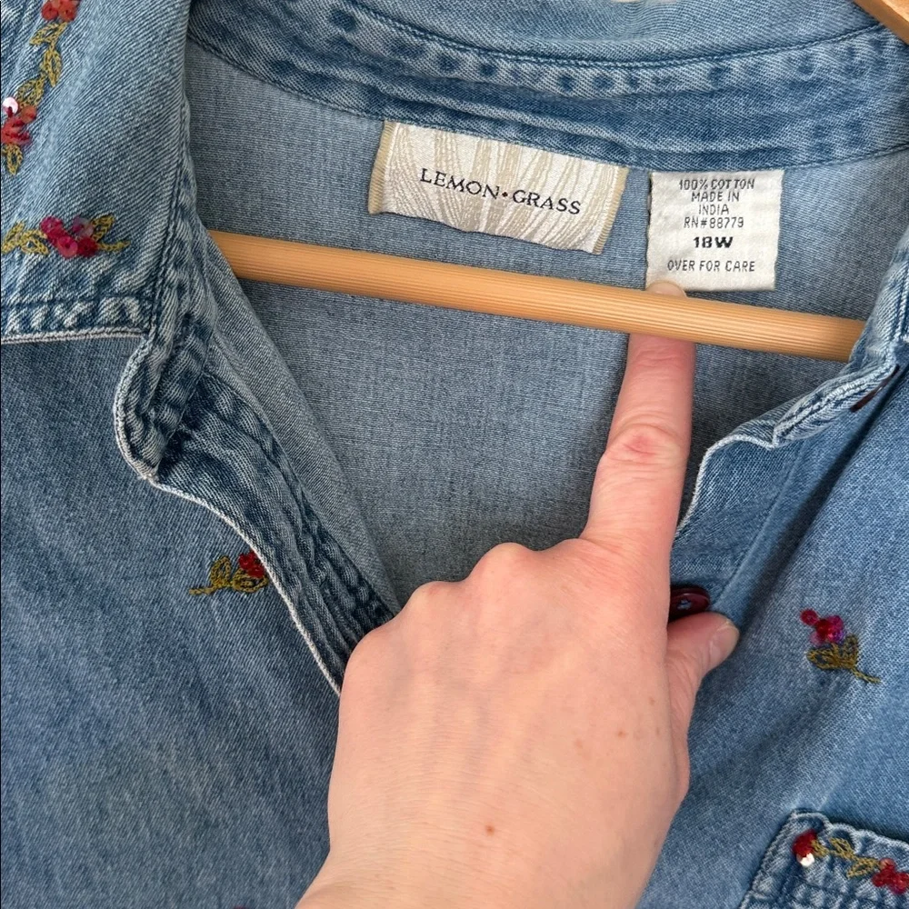 Vintage Lemon Grass Denim Short-Sleeve Shirt Embroidered florals XL - Picture 2 of 6